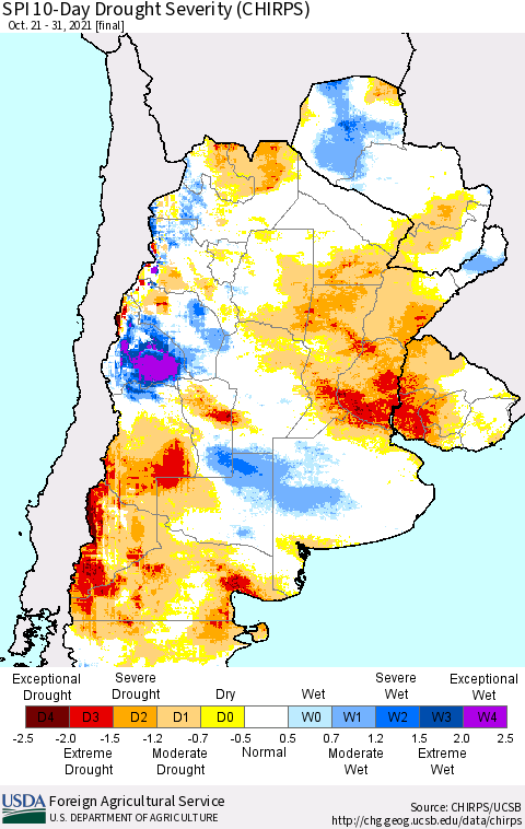 Southern South America SPI 10-Day Drought Severity (CHIRPS) Thematic Map For 10/21/2021 - 10/31/2021