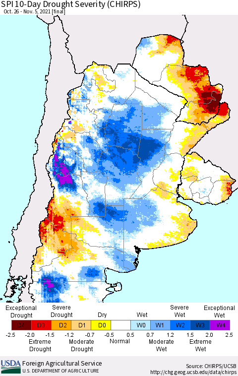 Southern South America SPI 10-Day Drought Severity (CHIRPS) Thematic Map For 10/26/2021 - 11/5/2021