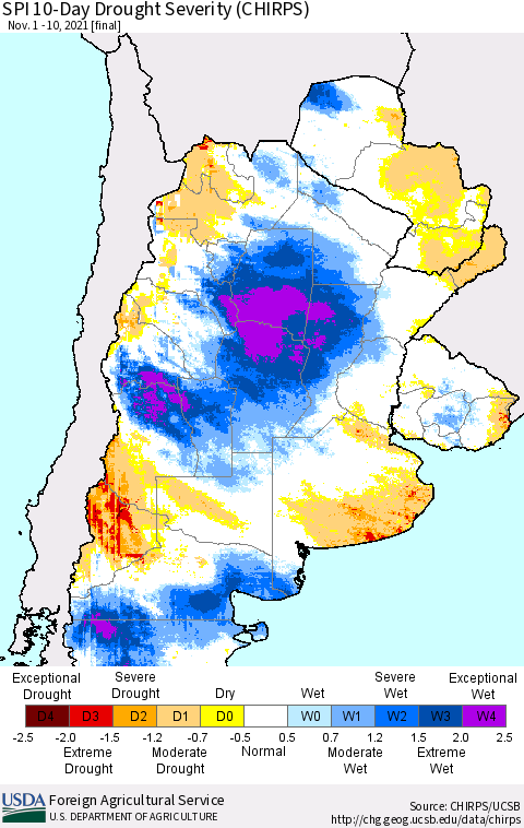 Southern South America SPI 10-Day Drought Severity (CHIRPS) Thematic Map For 11/1/2021 - 11/10/2021