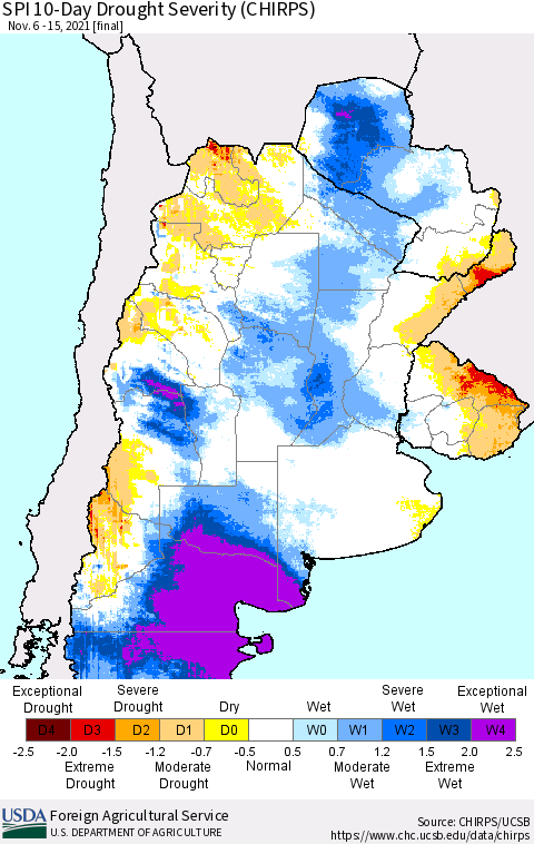 Southern South America SPI 10-Day Drought Severity (CHIRPS) Thematic Map For 11/6/2021 - 11/15/2021