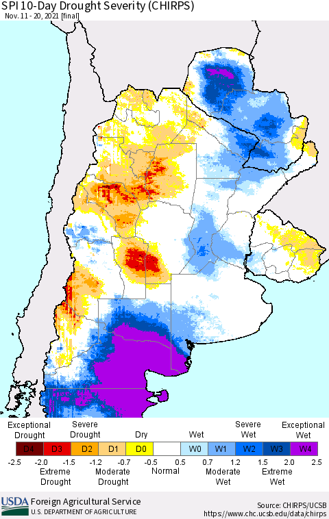 Southern South America SPI 10-Day Drought Severity (CHIRPS) Thematic Map For 11/11/2021 - 11/20/2021