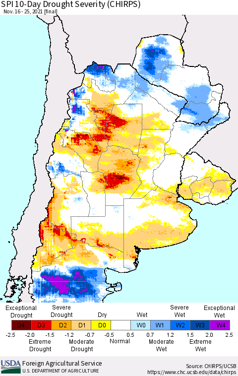 Southern South America SPI 10-Day Drought Severity (CHIRPS) Thematic Map For 11/16/2021 - 11/25/2021