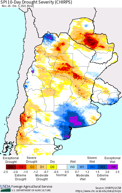 Southern South America SPI 10-Day Drought Severity (CHIRPS) Thematic Map For 11/26/2021 - 12/5/2021