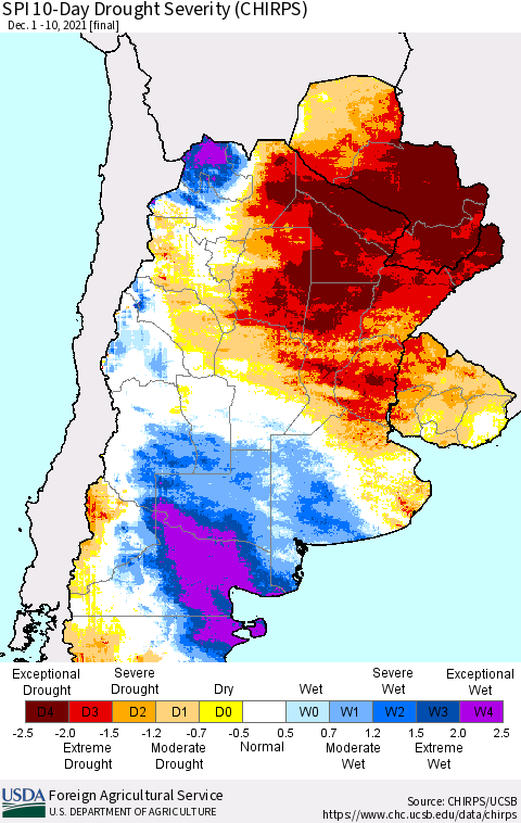 Southern South America SPI 10-Day Drought Severity (CHIRPS) Thematic Map For 12/1/2021 - 12/10/2021