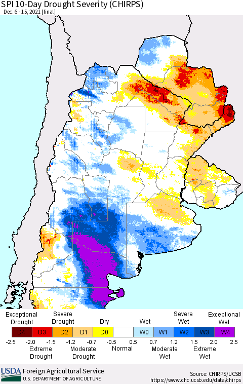 Southern South America SPI 10-Day Drought Severity (CHIRPS) Thematic Map For 12/6/2021 - 12/15/2021