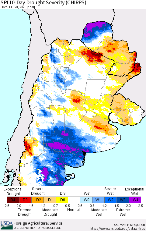 Southern South America SPI 10-Day Drought Severity (CHIRPS) Thematic Map For 12/11/2021 - 12/20/2021