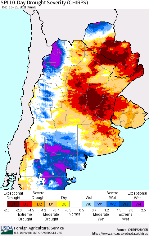 Southern South America SPI 10-Day Drought Severity (CHIRPS) Thematic Map For 12/16/2021 - 12/25/2021