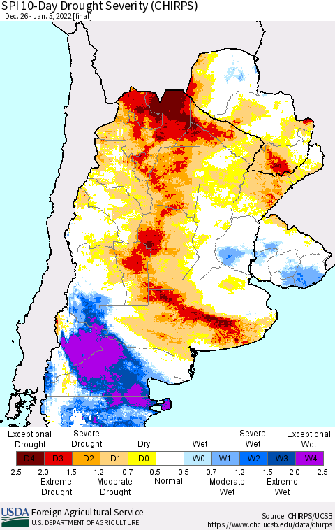 Southern South America SPI 10-Day Drought Severity (CHIRPS) Thematic Map For 12/26/2021 - 1/5/2022