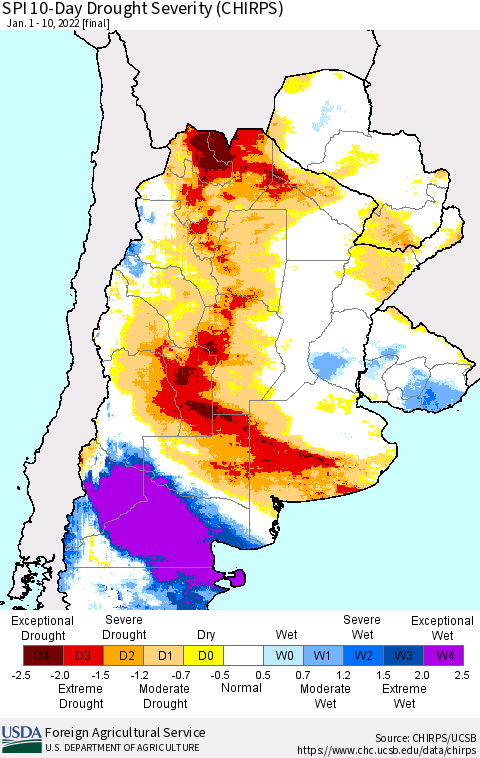 Southern South America SPI 10-Day Drought Severity (CHIRPS) Thematic Map For 1/1/2022 - 1/10/2022