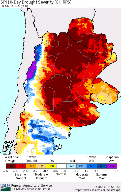 Southern South America SPI 10-Day Drought Severity (CHIRPS) Thematic Map For 1/6/2022 - 1/15/2022
