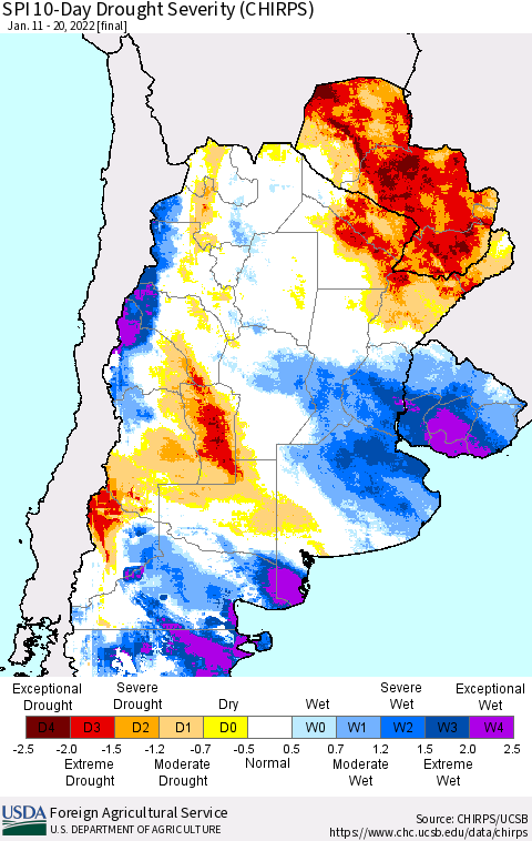 Southern South America SPI 10-Day Drought Severity (CHIRPS) Thematic Map For 1/11/2022 - 1/20/2022