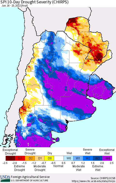 Southern South America SPI 10-Day Drought Severity (CHIRPS) Thematic Map For 1/16/2022 - 1/25/2022