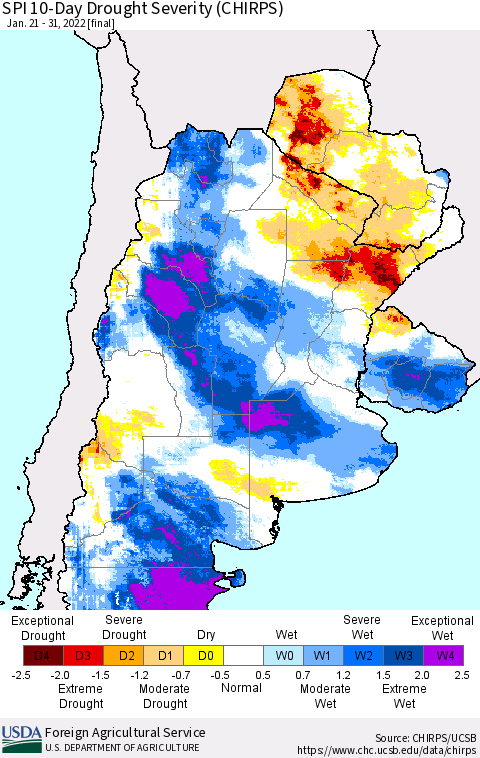 Southern South America SPI 10-Day Drought Severity (CHIRPS) Thematic Map For 1/21/2022 - 1/31/2022