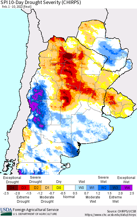 Southern South America SPI 10-Day Drought Severity (CHIRPS) Thematic Map For 2/1/2022 - 2/10/2022
