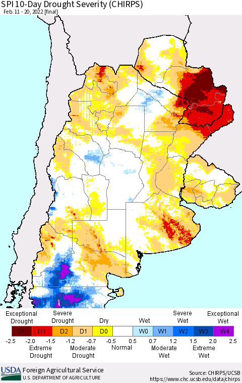 Southern South America SPI 10-Day Drought Severity (CHIRPS) Thematic Map For 2/11/2022 - 2/20/2022