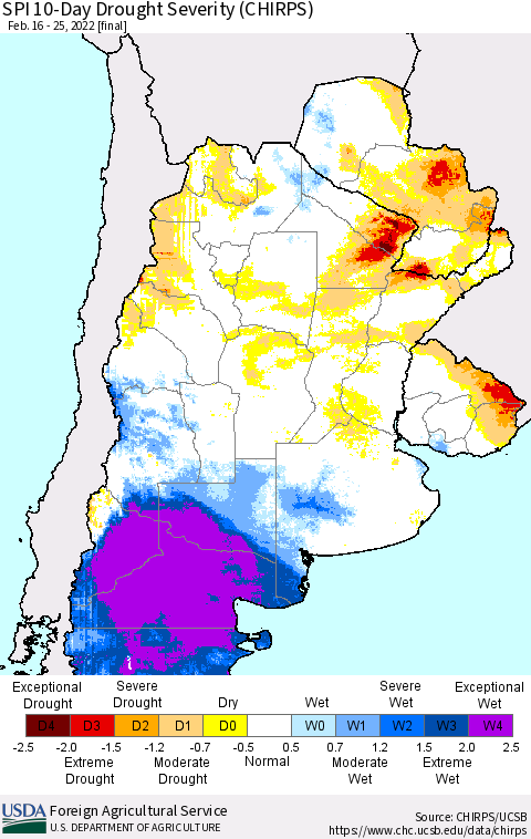 Southern South America SPI 10-Day Drought Severity (CHIRPS) Thematic Map For 2/16/2022 - 2/25/2022