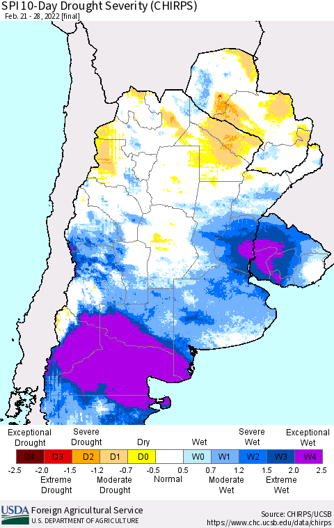 Southern South America SPI 10-Day Drought Severity (CHIRPS) Thematic Map For 2/21/2022 - 2/28/2022