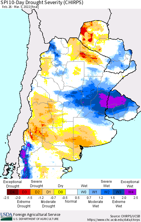 Southern South America SPI 10-Day Drought Severity (CHIRPS) Thematic Map For 2/26/2022 - 3/5/2022
