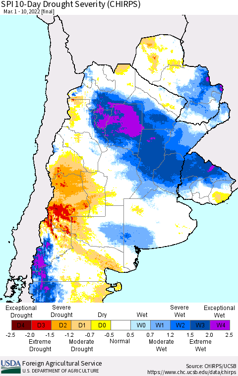 Southern South America SPI 10-Day Drought Severity (CHIRPS) Thematic Map For 3/1/2022 - 3/10/2022