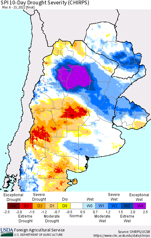 Southern South America SPI 10-Day Drought Severity (CHIRPS) Thematic Map For 3/6/2022 - 3/15/2022