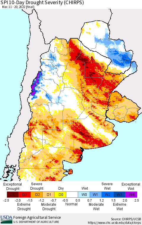Southern South America SPI 10-Day Drought Severity (CHIRPS) Thematic Map For 3/11/2022 - 3/20/2022