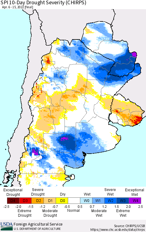 Southern South America SPI 10-Day Drought Severity (CHIRPS) Thematic Map For 4/6/2022 - 4/15/2022