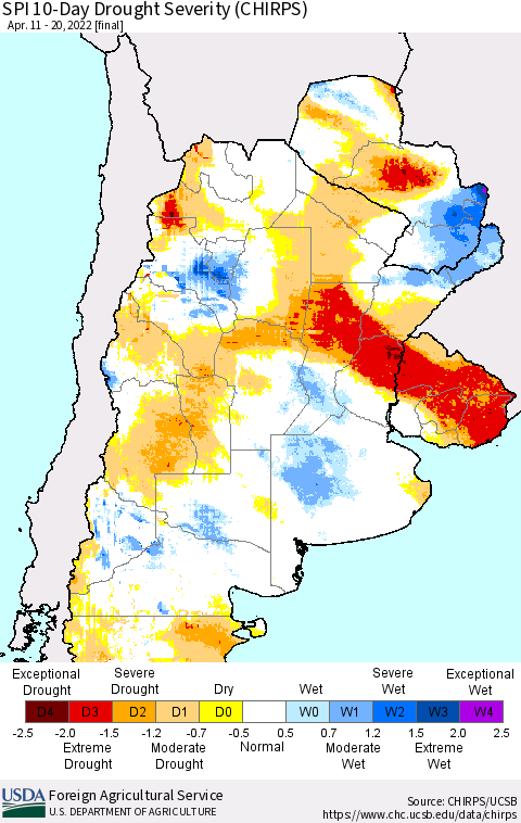 Southern South America SPI 10-Day Drought Severity (CHIRPS) Thematic Map For 4/11/2022 - 4/20/2022