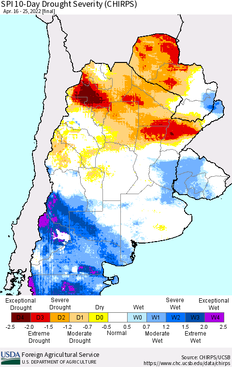 Southern South America SPI 10-Day Drought Severity (CHIRPS) Thematic Map For 4/16/2022 - 4/25/2022