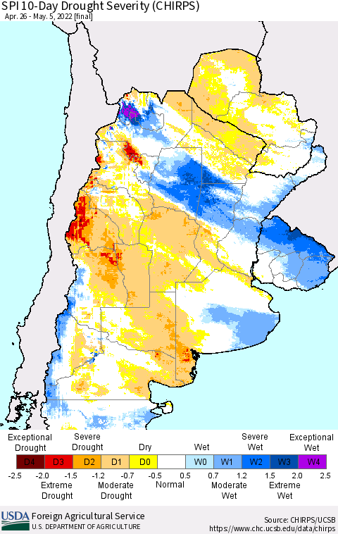 Southern South America SPI 10-Day Drought Severity (CHIRPS) Thematic Map For 4/26/2022 - 5/5/2022