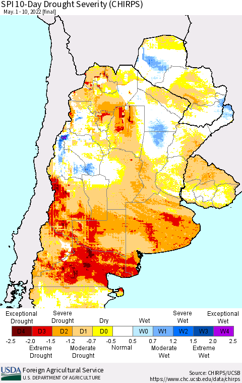 Southern South America SPI 10-Day Drought Severity (CHIRPS) Thematic Map For 5/1/2022 - 5/10/2022