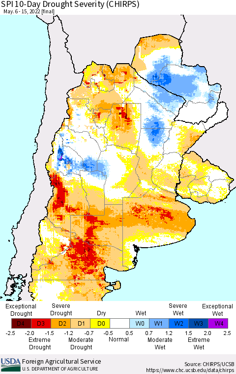 Southern South America SPI 10-Day Drought Severity (CHIRPS) Thematic Map For 5/6/2022 - 5/15/2022