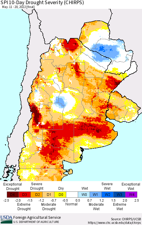 Southern South America SPI 10-Day Drought Severity (CHIRPS) Thematic Map For 5/11/2022 - 5/20/2022