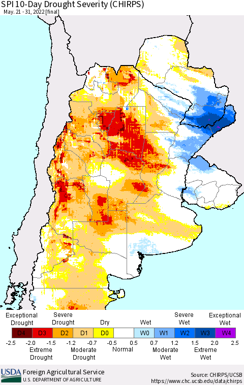 Southern South America SPI 10-Day Drought Severity (CHIRPS) Thematic Map For 5/21/2022 - 5/31/2022