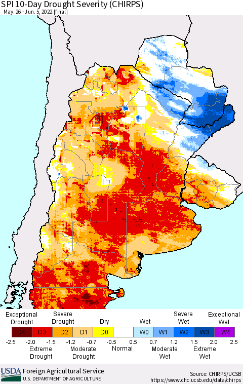 Southern South America SPI 10-Day Drought Severity (CHIRPS) Thematic Map For 5/26/2022 - 6/5/2022