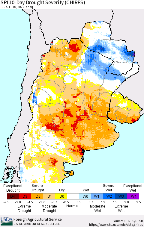 Southern South America SPI 10-Day Drought Severity (CHIRPS) Thematic Map For 6/1/2022 - 6/10/2022