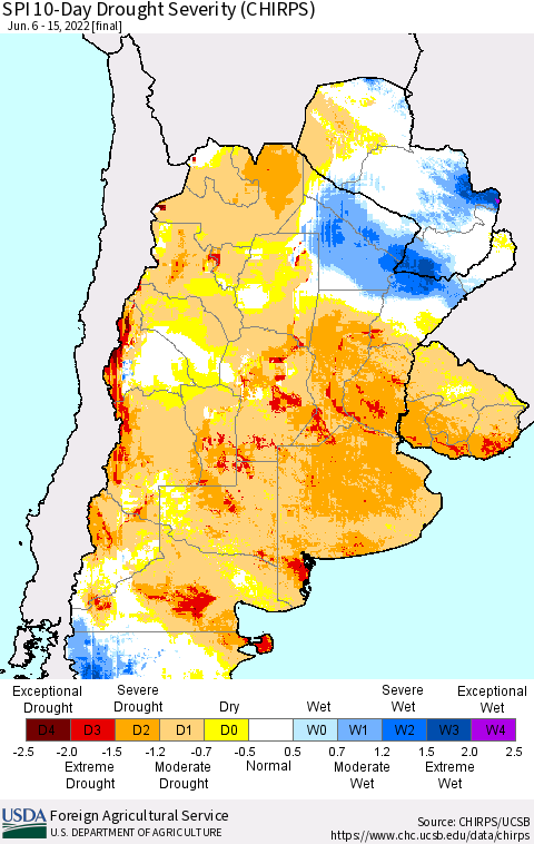 Southern South America SPI 10-Day Drought Severity (CHIRPS) Thematic Map For 6/6/2022 - 6/15/2022