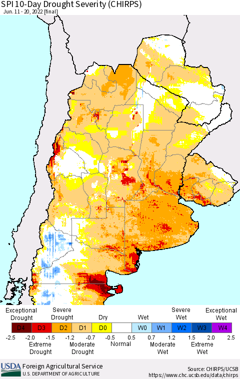 Southern South America SPI 10-Day Drought Severity (CHIRPS) Thematic Map For 6/11/2022 - 6/20/2022