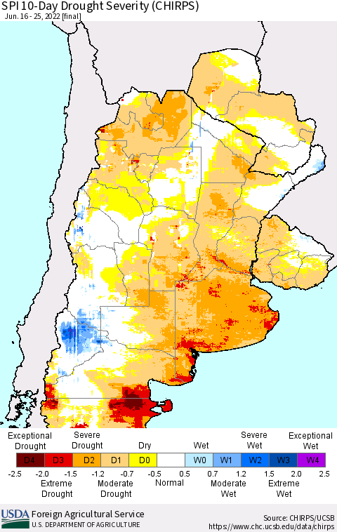 Southern South America SPI 10-Day Drought Severity (CHIRPS) Thematic Map For 6/16/2022 - 6/25/2022