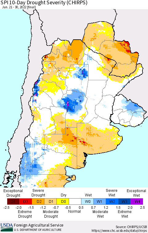 Southern South America SPI 10-Day Drought Severity (CHIRPS) Thematic Map For 6/21/2022 - 6/30/2022