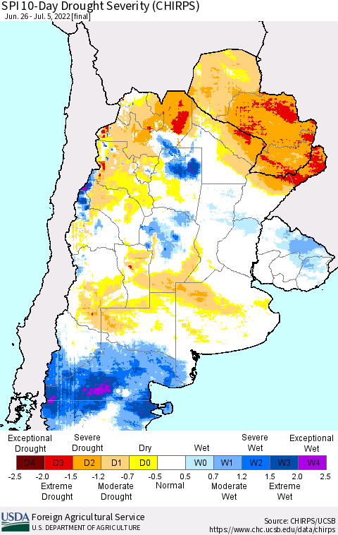 Southern South America SPI 10-Day Drought Severity (CHIRPS) Thematic Map For 6/26/2022 - 7/5/2022