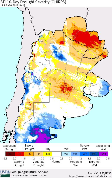 Southern South America SPI 10-Day Drought Severity (CHIRPS) Thematic Map For 7/1/2022 - 7/10/2022