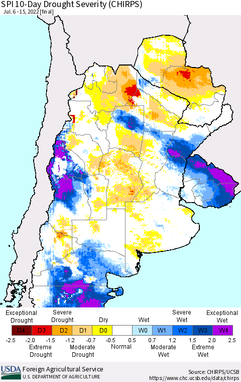 Southern South America SPI 10-Day Drought Severity (CHIRPS) Thematic Map For 7/6/2022 - 7/15/2022