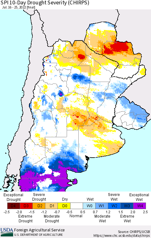 Southern South America SPI 10-Day Drought Severity (CHIRPS) Thematic Map For 7/16/2022 - 7/25/2022