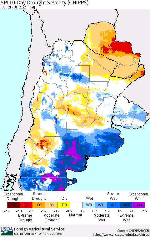 Southern South America SPI 10-Day Drought Severity (CHIRPS) Thematic Map For 7/21/2022 - 7/31/2022