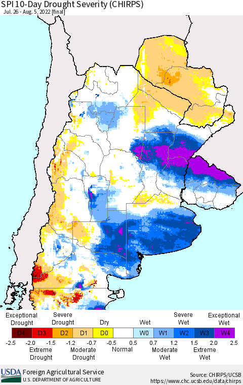 Southern South America SPI 10-Day Drought Severity (CHIRPS) Thematic Map For 7/26/2022 - 8/5/2022