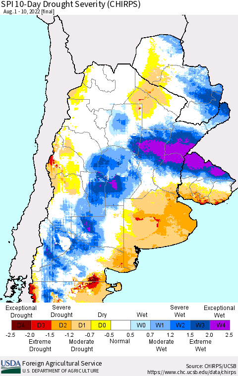 Southern South America SPI 10-Day Drought Severity (CHIRPS) Thematic Map For 8/1/2022 - 8/10/2022