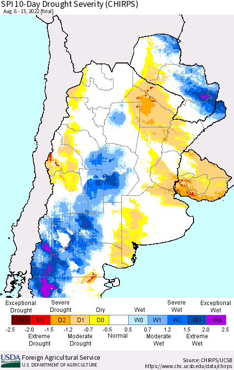 Southern South America SPI 10-Day Drought Severity (CHIRPS) Thematic Map For 8/6/2022 - 8/15/2022