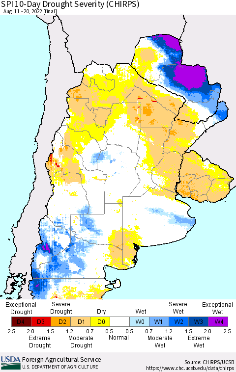 Southern South America SPI 10-Day Drought Severity (CHIRPS) Thematic Map For 8/11/2022 - 8/20/2022