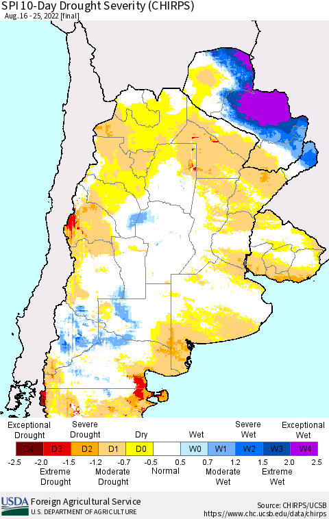 Southern South America SPI 10-Day Drought Severity (CHIRPS) Thematic Map For 8/16/2022 - 8/25/2022