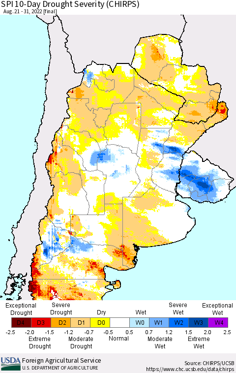 Southern South America SPI 10-Day Drought Severity (CHIRPS) Thematic Map For 8/21/2022 - 8/31/2022